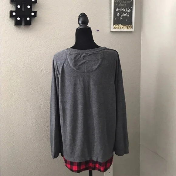 Faded Glory Women’s Gray Long Sleeve Top Tee with Plaid Hem Layered Look Size L - Picture 4 of 8